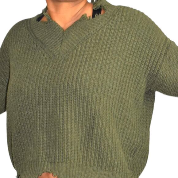 Seek the Label Distressed Sweater Olive Green Ribbed Knit Pullover Size Medium - Picture 4 of 13